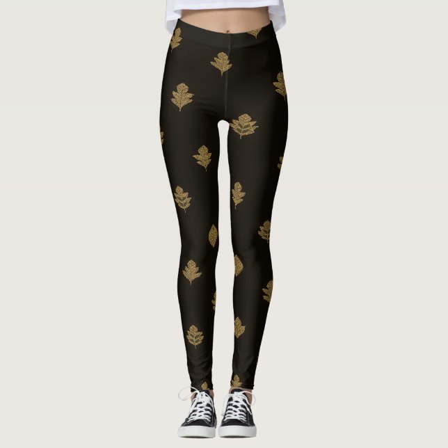 Leggings Feuilles dorées atténuées noires  (Devant)