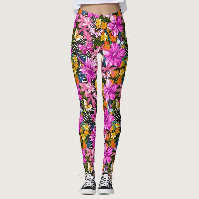 Leggings feuilles et fleurs tropicaux (Devant)
