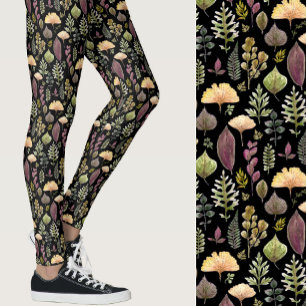 Leggings Feuilles et fougères aquarelle forêt automne noir