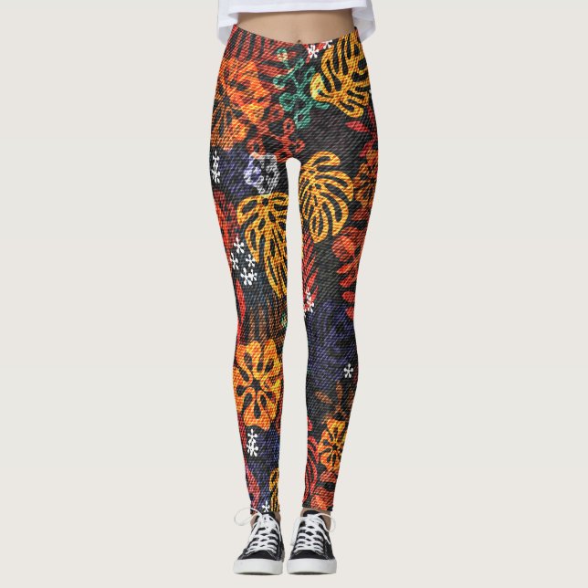 Leggings Feuilles exotiques sur denim, impression transpare (Devant)