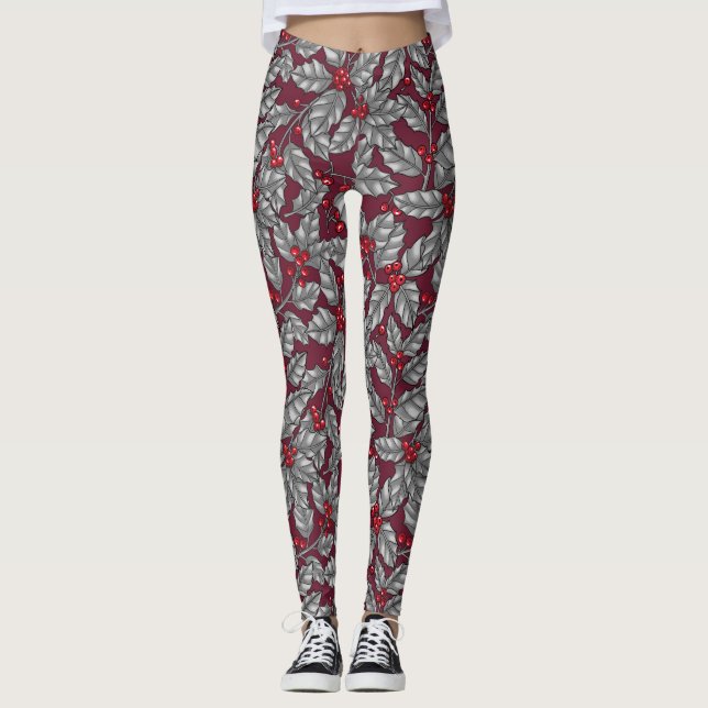 Leggings Feuilles gris sur rouge foncé (Devant)