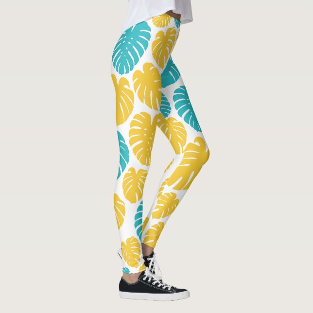 Leggings Feuilles Monstera en Turquoise, Jaune et Blanc (Droite)