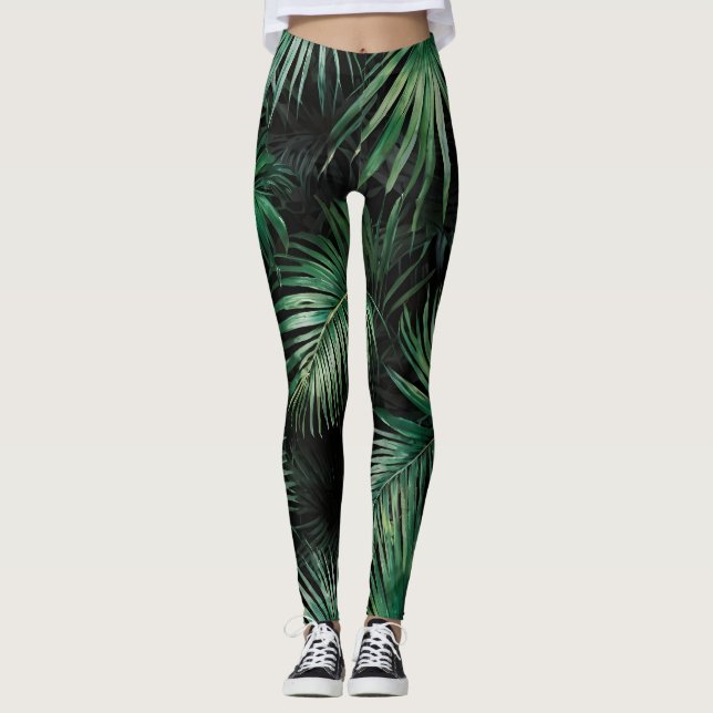 Leggings feuilles noir et vert Aquarelle Palm (Devant)