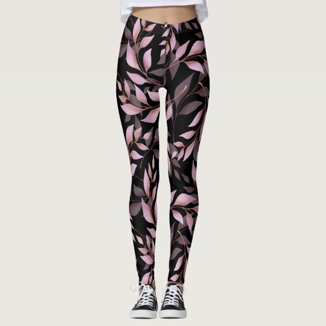Leggings Feuilles Rose Pastel sur Fond Noir  (Devant)