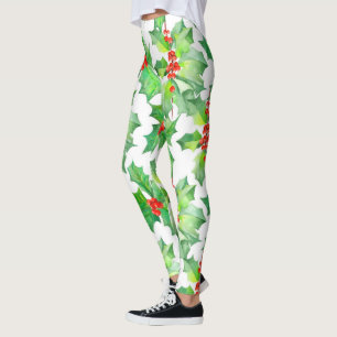Leggings Feuilles saints, baies, Noël Floral vert rouge