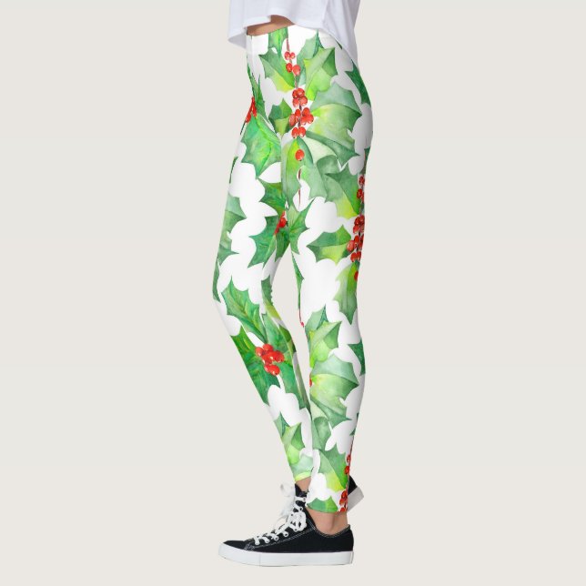 Leggings Feuilles saints, baies, Noël Floral vert rouge (Gauche)
