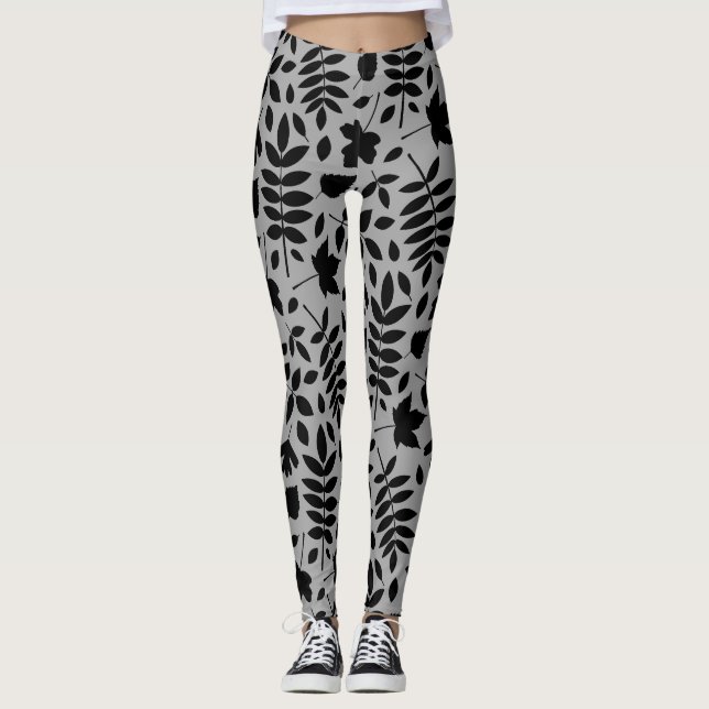 Leggings Feuilles tombés Lg Motif noir sur gris (Devant)
