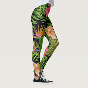 Leggings Feuilles tropicales colorées et fleurs d'hibiscus