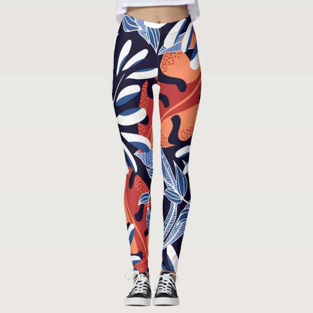 Leggings Feuilles tropicaux colorés Arrière - plan bleu (Devant)