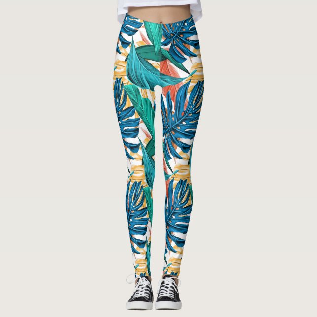 Leggings Feuilles tropicaux colorés, design motif exotique, (Devant)