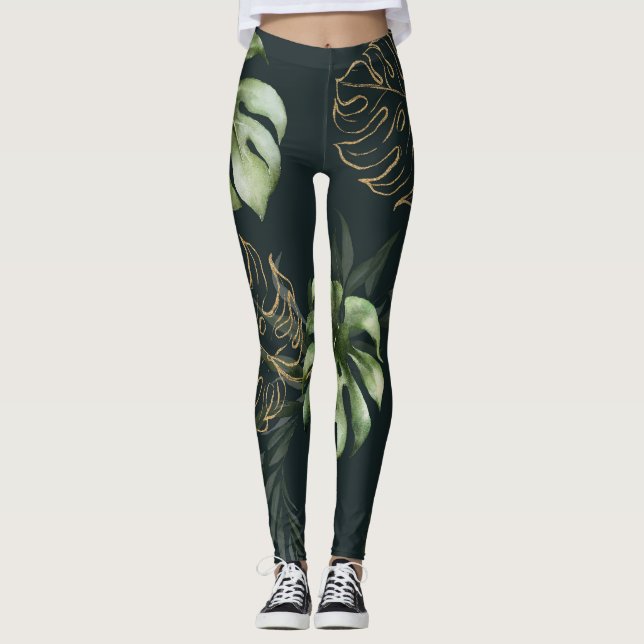 Leggings Feuilles Tropicaux en or : Aquarelle foncée (Devant)