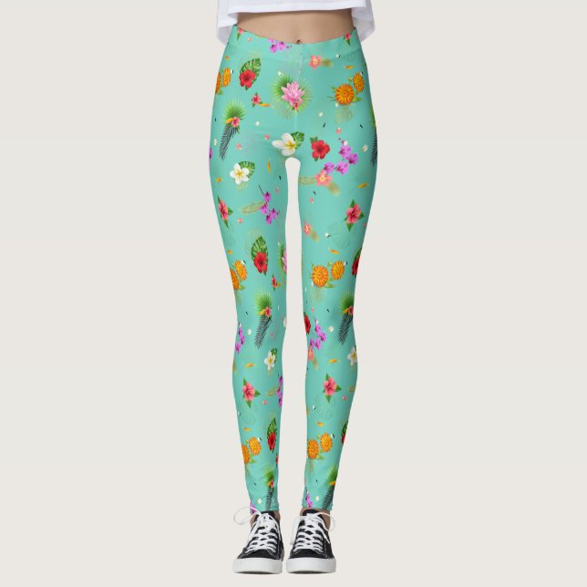 Leggings Feuilles tropicaux en Turquoise (Devant)