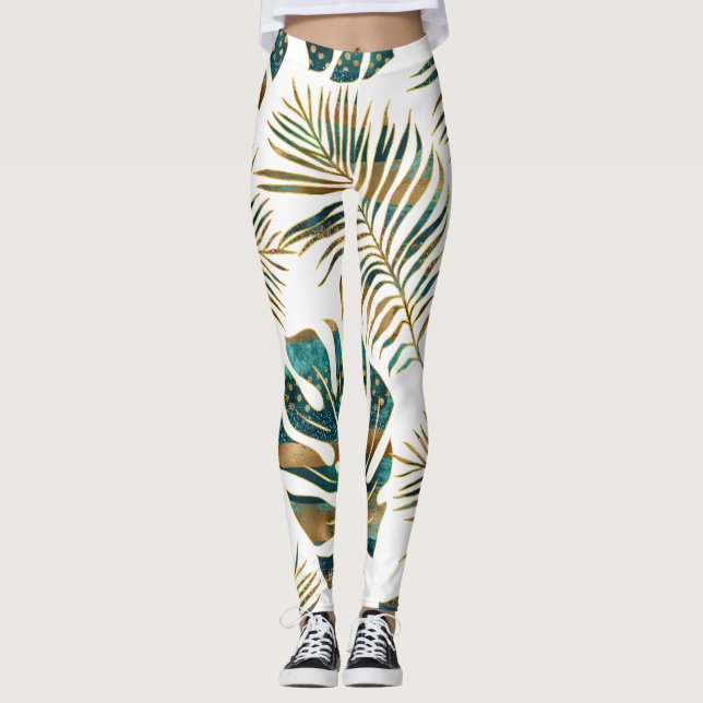 Leggings feuilles tropicaux turquoises et dorés (Devant)