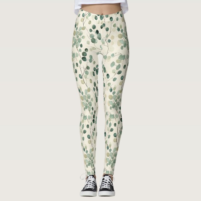 Leggings Feuilles Vertes Terreuses avec Fond Crème d'Automn (Devant)