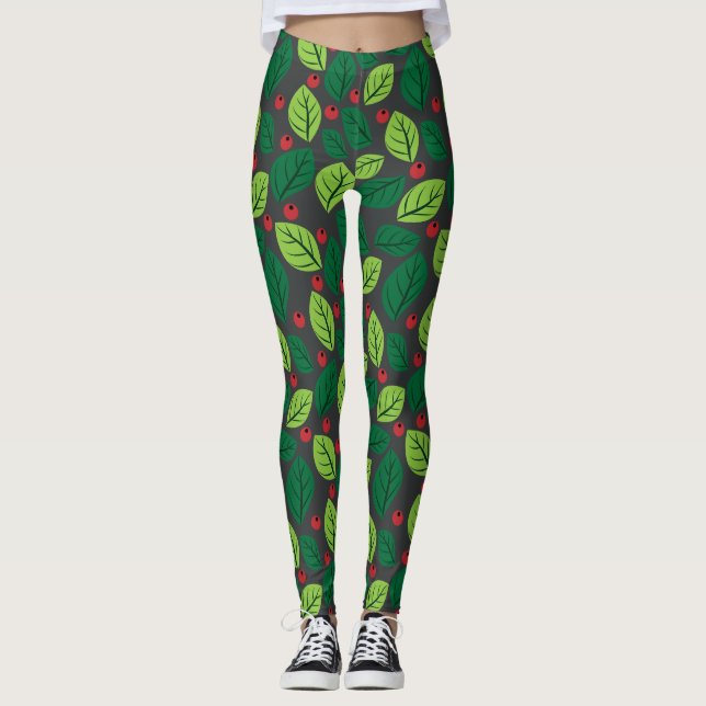 Leggings Feuilles verts, Berries Rouges, Motif Des Feuilles (Devant)