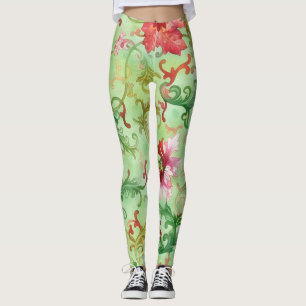 Leggings Feuilles verts et fleurs Art de style Vintage
