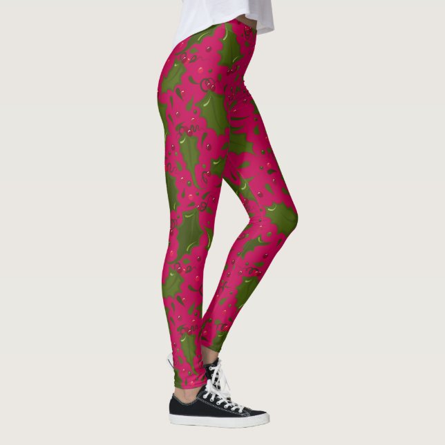 Leggings Feuilles verts Holly et baies sur rose (Droite)