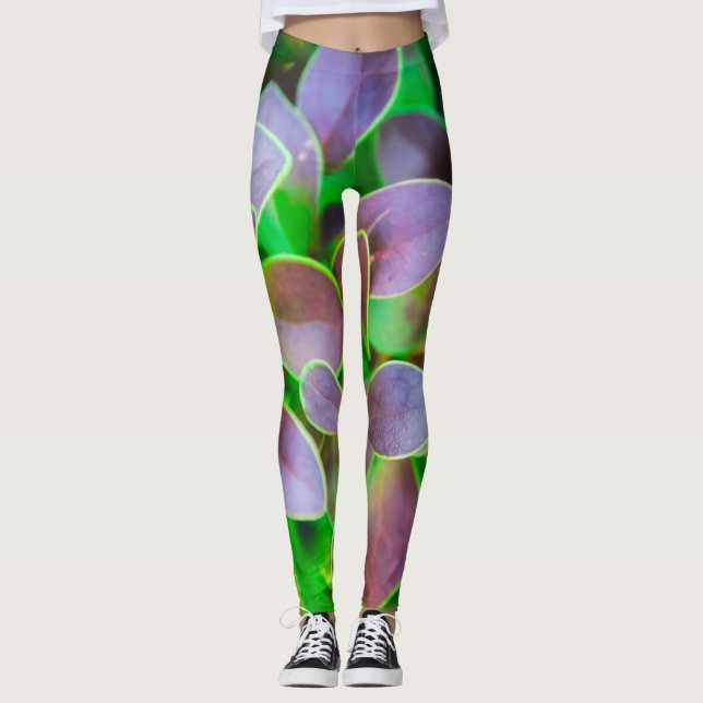 Leggings Feuilles vibreux vert et violet (Devant)