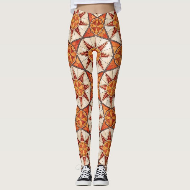Leggings Fiery Red and Orange Starburst - Geometric Mosaic (Devant)