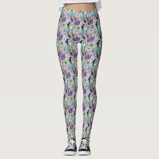 Leggings Fille Chibi Mignonne & Motif Floral (Devant)