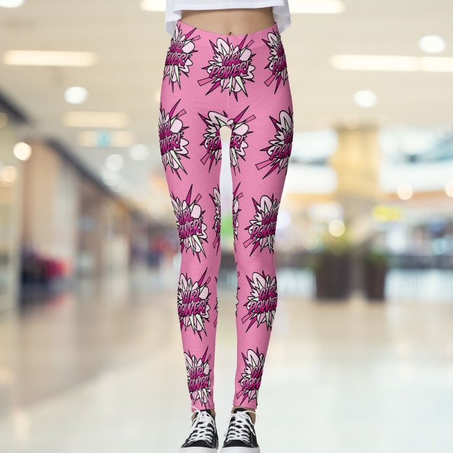 Leggings FILLE PUISSANCE Bande dessinée Pop Art Rose (GIRL POWER Comic Book Pop Art Pink Leggings)