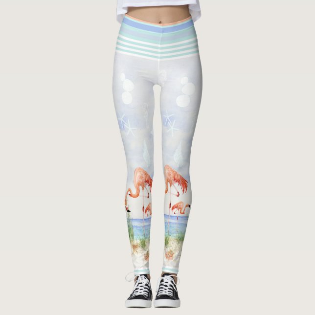 Leggings Flamant rose Birds Ocean Beach Seashell Art rayé (Devant)