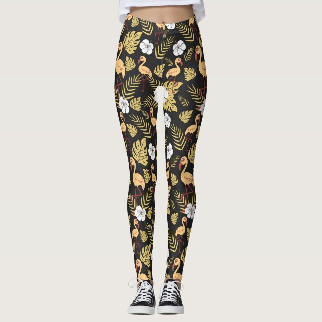 Leggings Flamant rose continu motif fleurs jaune et blanc (Devant)