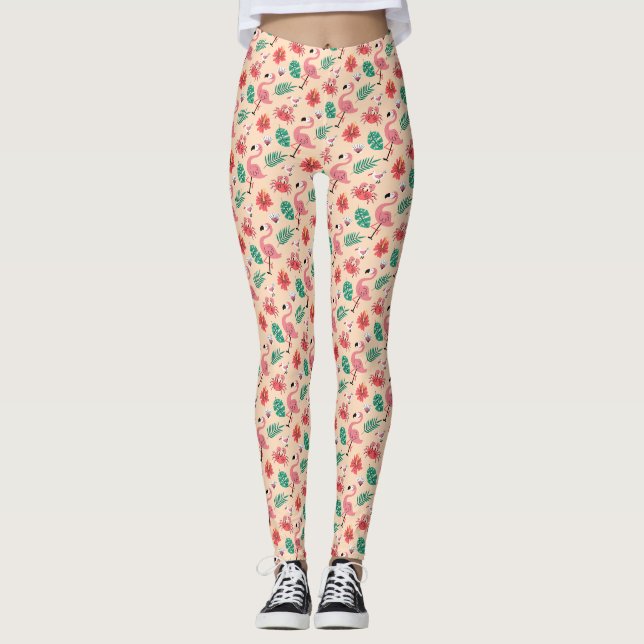 Leggings Flamant Rose Été Motif Tropical (Devant)