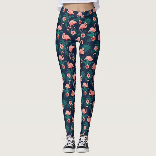 Leggings Flamant rose Impression, Hibiscus rose Fleur tropi (Devant)