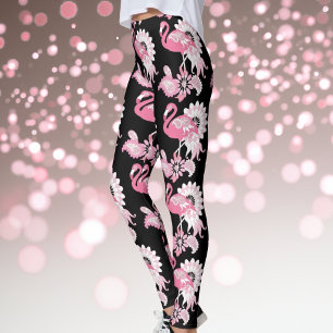 Leggings Flamant rose moderne noir rose Paisley