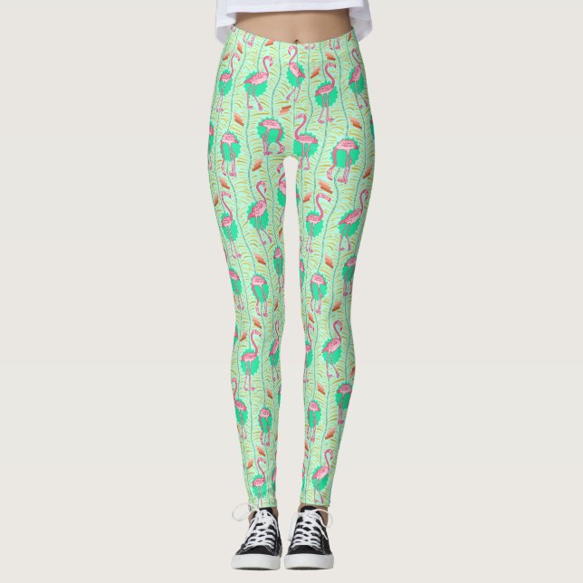 Leggings Flamant rose rose Ferns Tropical Vert Motif d'été (Devant)