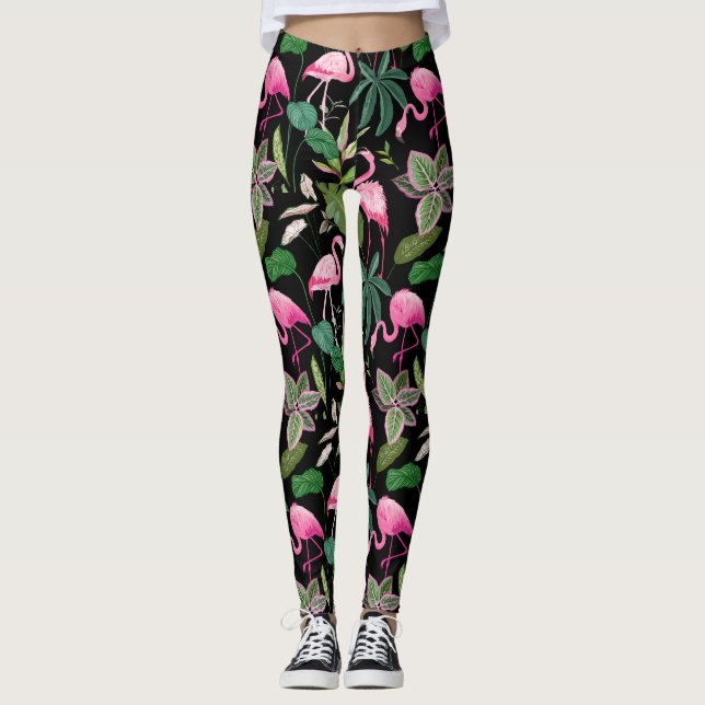 Leggings Flamant rose rose Tropical Botanical Black Arrière (Devant)