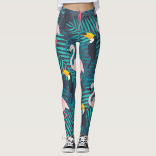 Leggings Flamant rose, toucan : motif de feuilles tropicale