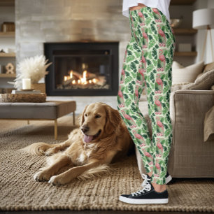 Leggings Flamant Rose Tropical Feuilles de Palmier Vert Lys