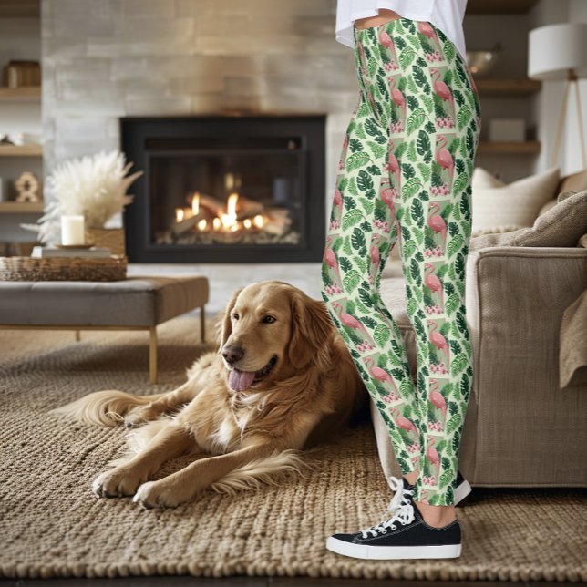 Leggings Flamant Rose Tropical Feuilles de Palmier Vert Lys (Créateur téléchargé)