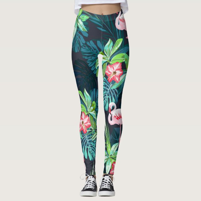 Leggings Flamant rose tropical : Fleurs d'été Motif (Devant)
