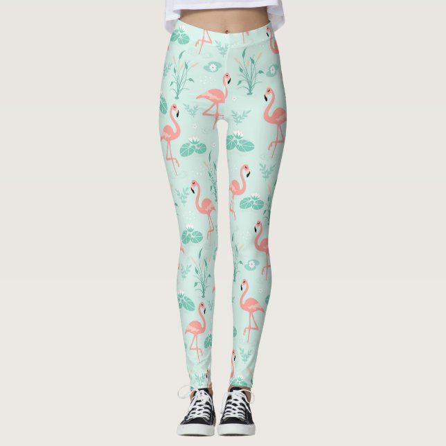 Leggings Flamants Rose Vert Tropical Oiseaux Tendance  (Devant)