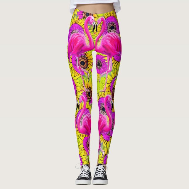 Leggings Flamants roses en Arrière - plan de fleurs (Devant)
