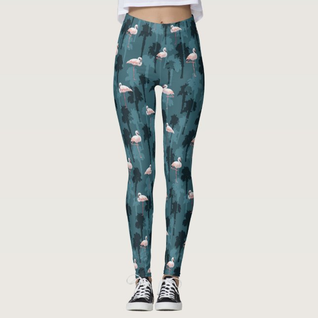 Leggings Flamants roses en pastel sur Teal (Devant)
