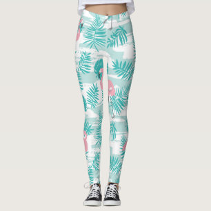 Leggings flamants roses, feuilles de palmiers verts, tropic