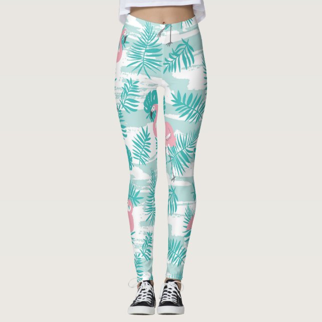 Leggings flamants roses, feuilles de palmiers verts, tropic (Devant)