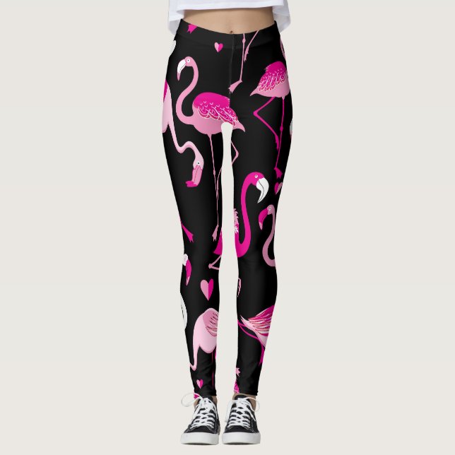 Leggings flamants roses, motif sans soudure foncée. (Devant)