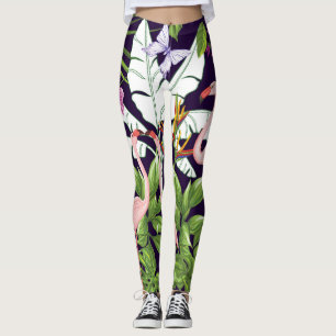 Leggings Flamants roses, plantes tropicaux : motif vintage.