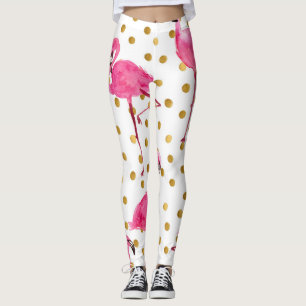 Leggings Flamants roses, points dorés, aquarelle.