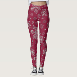 Leggings Flammes de neige en argent sur rouge foncé