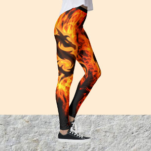 Leggings Flammes d'orange de dragon chaud sur noir, femmes