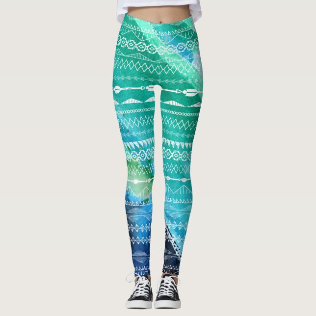 Leggings Flèches bleues vertes Aztec Aquarelle géométrique (Devant)