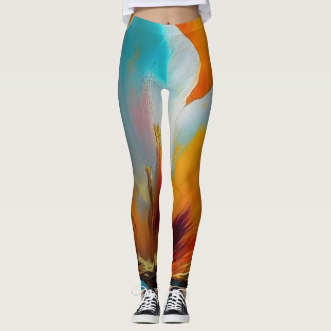 Leggings Fleur abstraite en orange et sarcelle (Devant)