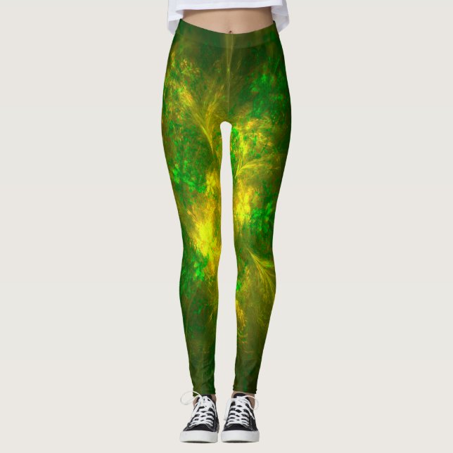 Leggings Fleur Abstraite Motifs Jaune Et Vert (Devant)
