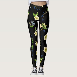 Leggings Fleur blanche et bourgeons bleus motif floral